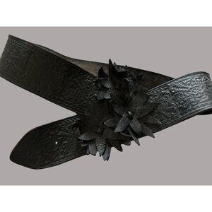 Handcrafted Black Leather Embossed Belt With 3D Floral Design